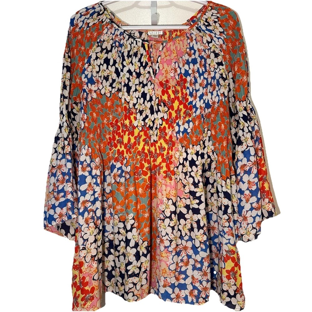 Spense Boho Floral Blouse Bell Sleeve Smocked Neck Colorful Top XL Artsy
